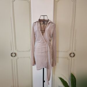 Oh Polly Shimmering Champagne Wrap Collared Dress